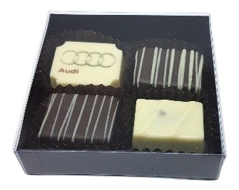 4pc -black /clear gift box with 1 customised and 3 flavoured belgian chocolate