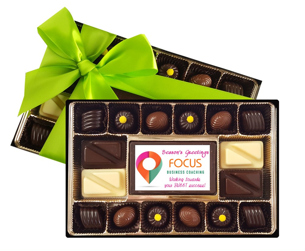 Premium Belgian Handmade chocolates with Custom Printed Premium Belgian chocolate centre piece