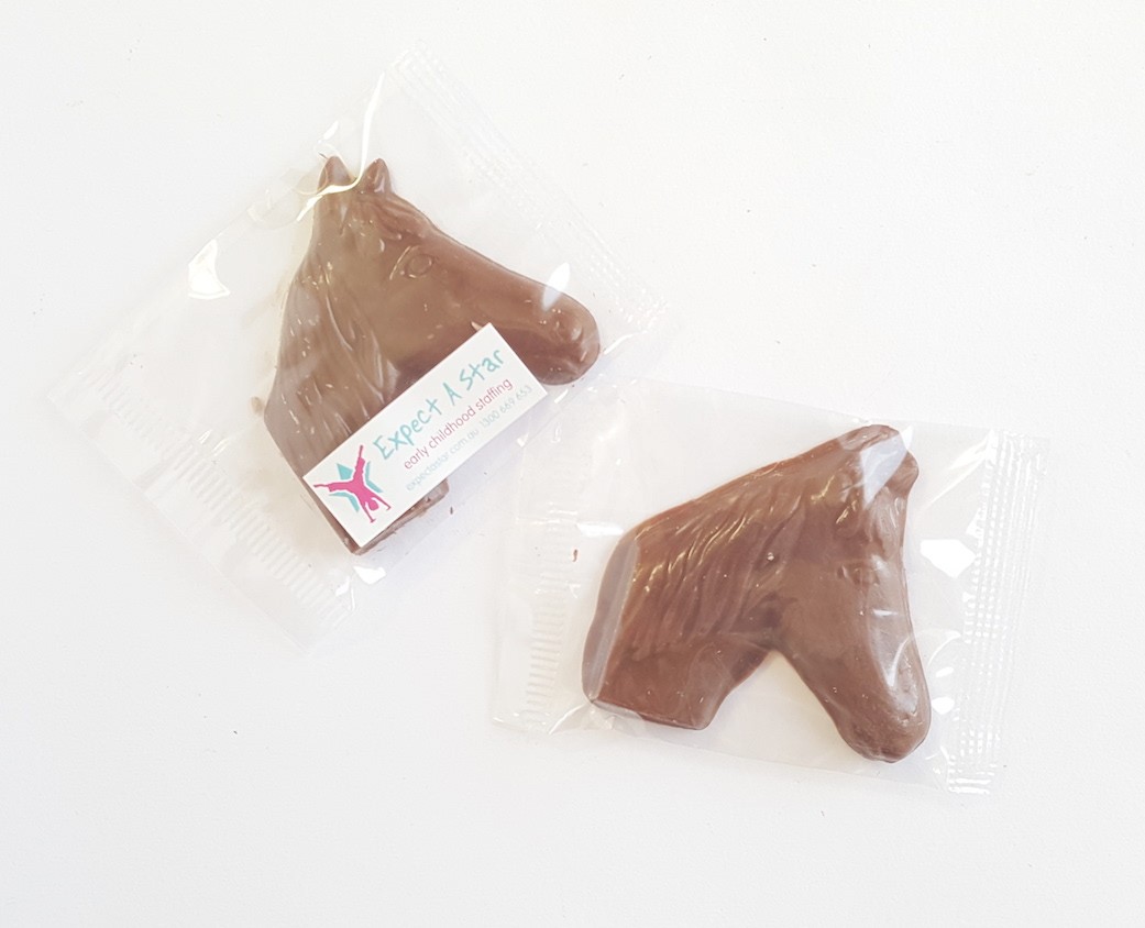 Chocolate Horse Face or Chocolate Horse Shoe with custom printed sticker or bulk