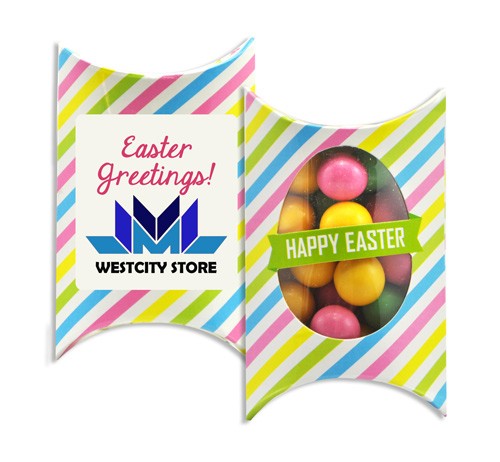 Printed Window Easter Pillow box with Colour Chocolate Balls Mix and Custom Printed Sticker