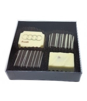 4pc -black /clear gift box with 1 customised and 3 flavoured belgian chocolate