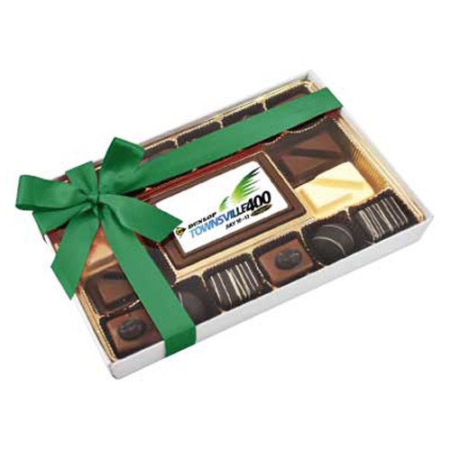 Chocolate Gift Box filled with our Belgian Coverture Chocolates and branded with a custom printed chocolate centre piece, with Ribbon
